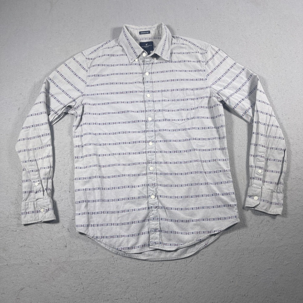 American Eagle Shirt Men M Gray Aztec Blue Red Stripe Button Down Seriously Soft